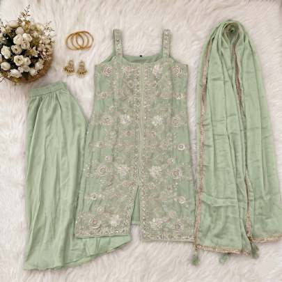 pastel green sharara set, chinnon silk sharara suit