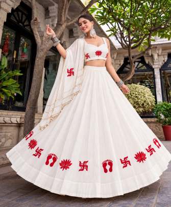 stunning White chaniya choli, Dholida Ready!  Swastik & Kamal Motif beautiful combination wholesale